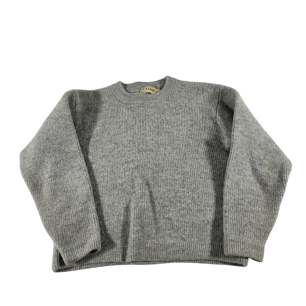 LL Bean Vintage 100% Pure Wool Ribbed Crewneck Sweater Gray Medium